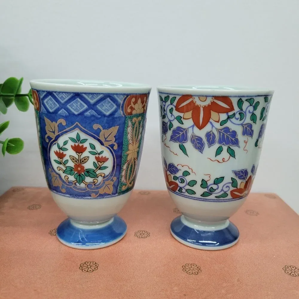 Pair Japanese Vintage Arita Porcelain Footed Tea Cups